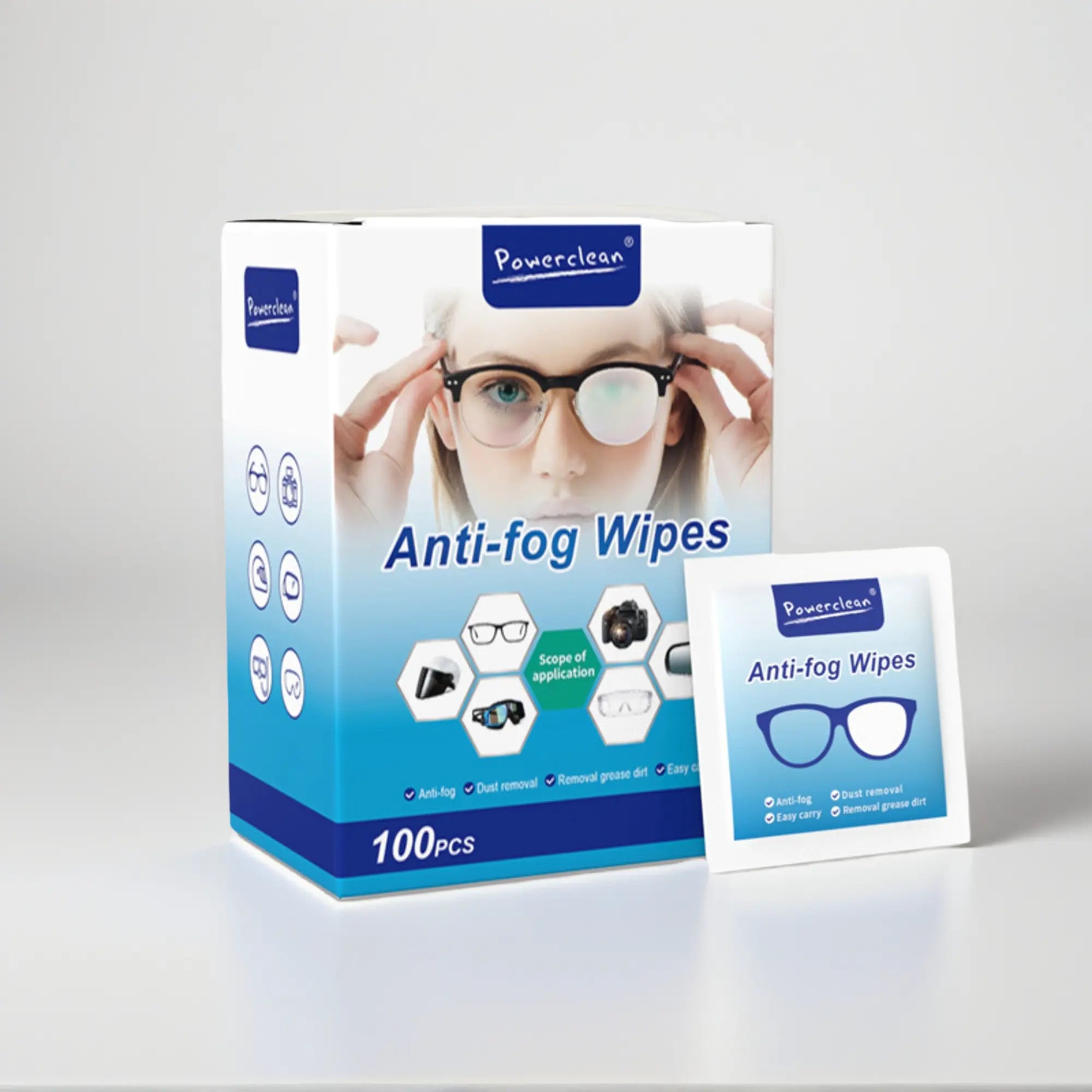 Powerclean Anti-fog Wipes 100pcs box with packaging showing scope of application for glasses, camera lenses, and helmets